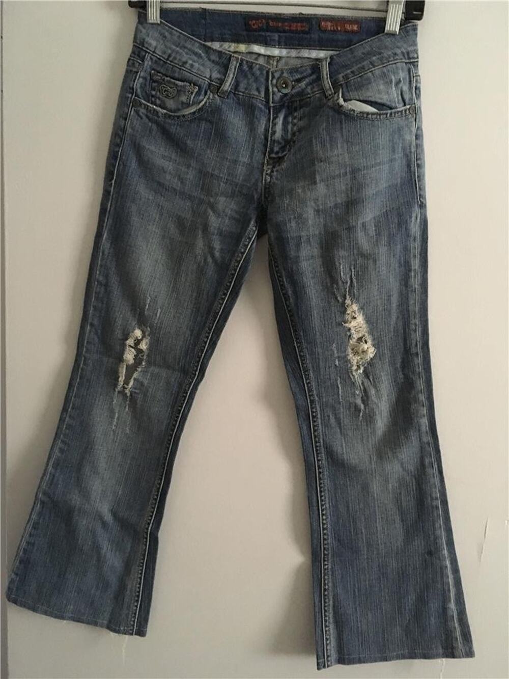 Chip & Pepper Distressed Crop Laguna Beach Flare Leg Blue Denim Jeans 1